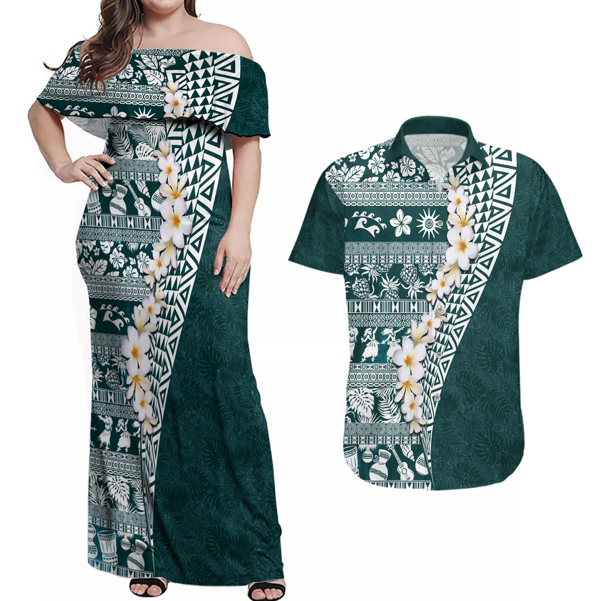Hawaii Plumeria Tribal Vintage Couples Matching Off Shoulder Maxi Dress and Hawaiian Shirt Special Turquoise LT03 Turquoise - Polynesian Pride