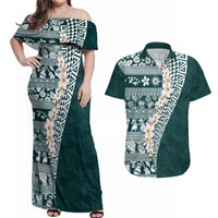 Hawaii Plumeria Tribal Vintage Couples Matching Off Shoulder Maxi Dress and Hawaiian Shirt Special Turquoise LT03 Turquoise - Polynesian Pride