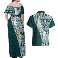 Hawaii Plumeria Tribal Vintage Couples Matching Off Shoulder Maxi Dress and Hawaiian Shirt Special Turquoise LT03 - Polynesian Pride