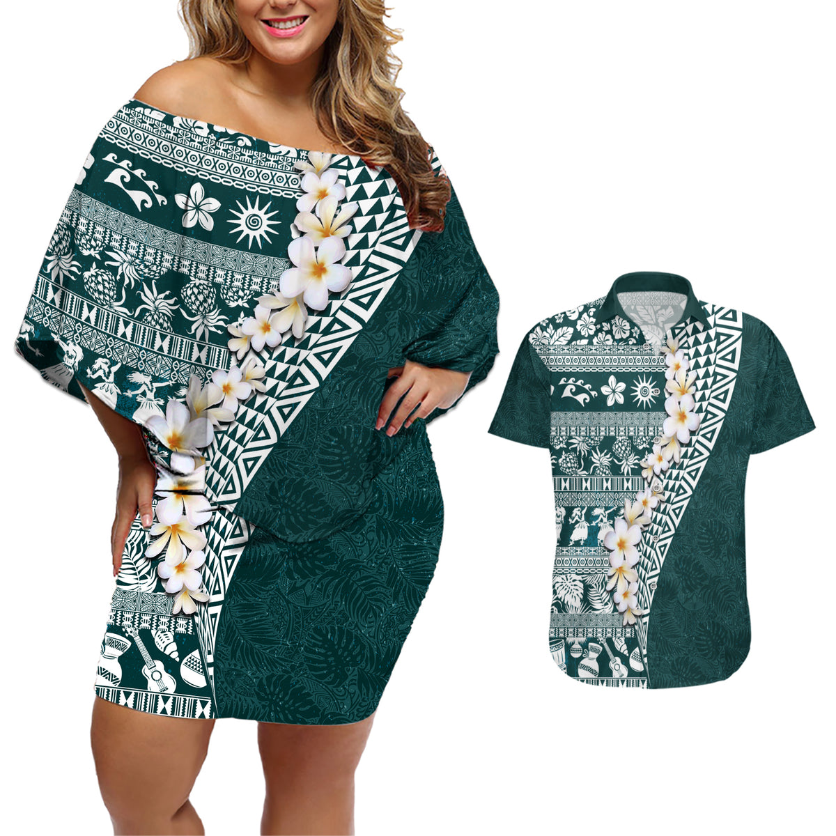Hawaii Plumeria Tribal Vintage Couples Matching Off Shoulder Short Dress and Hawaiian Shirt Special Turquoise