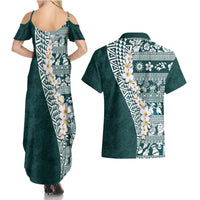Hawaii Plumeria Tribal Vintage Couples Matching Summer Maxi Dress and Hawaiian Shirt Special Turquoise