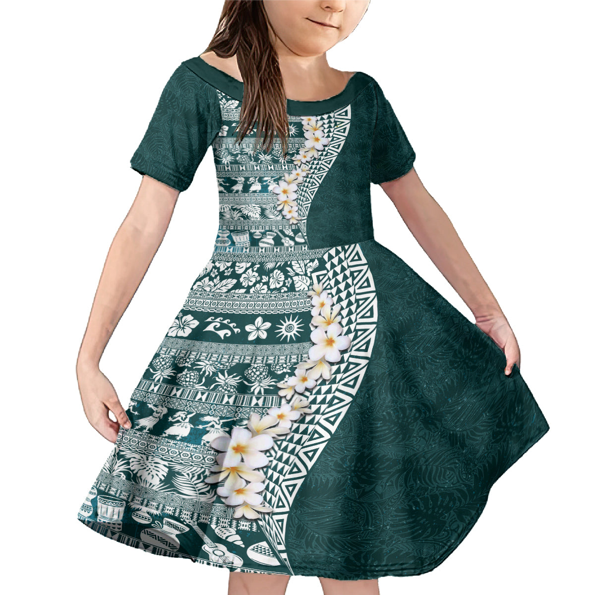 Hawaii Plumeria Tribal Vintage Family Matching Mermaid Dress and Hawaiian Shirt Special Turquoise LT03 Daughter's Dress Turquoise - Polynesian Pride