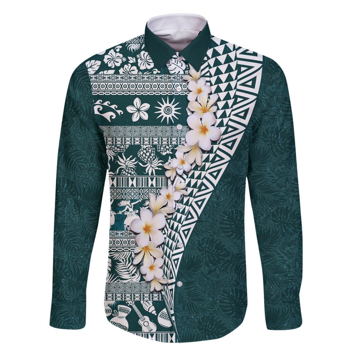Hawaii Plumeria Tribal Vintage Family Matching Mermaid Dress and Hawaiian Shirt Special Turquoise LT03 Dad's Shirt - Long Sleeve Turquoise - Polynesian Pride