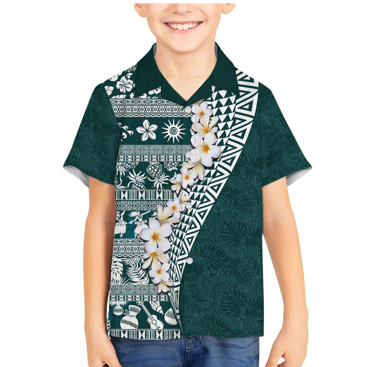 Hawaii Plumeria Tribal Vintage Family Matching Mermaid Dress and Hawaiian Shirt Special Turquoise LT03 Son's Shirt Turquoise - Polynesian Pride