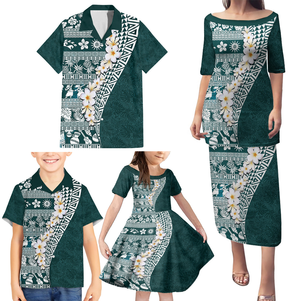 Hawaii Plumeria Tribal Vintage Family Matching Puletasi and Hawaiian Shirt Special Turquoise LT03 - Polynesian Pride