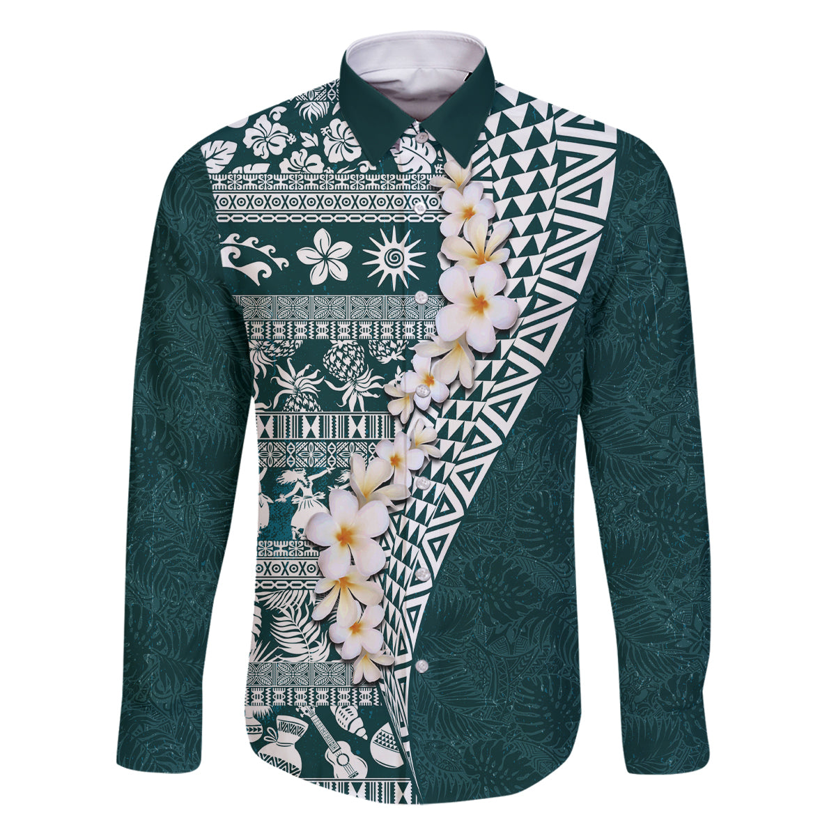 Hawaii Plumeria Tribal Vintage Family Matching Puletasi and Hawaiian Shirt Special Turquoise LT03 Dad's Shirt - Long Sleeve Turquoise - Polynesian Pride