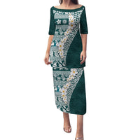 Hawaii Plumeria Tribal Vintage Family Matching Puletasi and Hawaiian Shirt Special Turquoise LT03 Mom's Dress Turquoise - Polynesian Pride