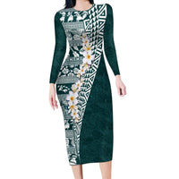 Hawaii Plumeria Tribal Vintage Long Sleeve Bodycon Dress Special Turquoise LT03 Long Dress Turquoise - Polynesian Pride