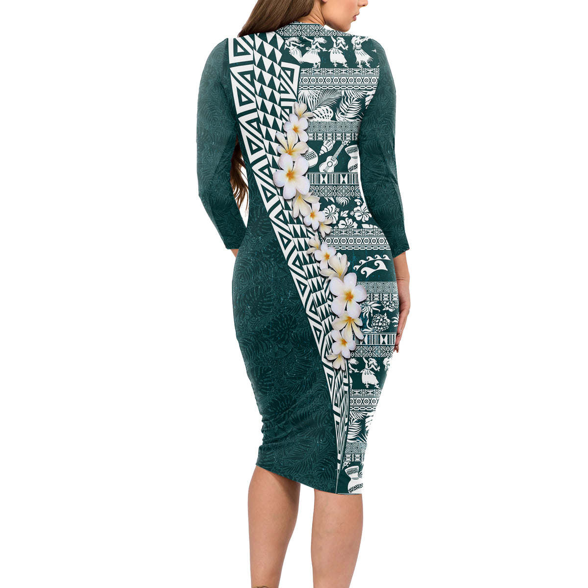 Hawaii Plumeria Tribal Vintage Long Sleeve Bodycon Dress Special Turquoise LT03 - Polynesian Pride