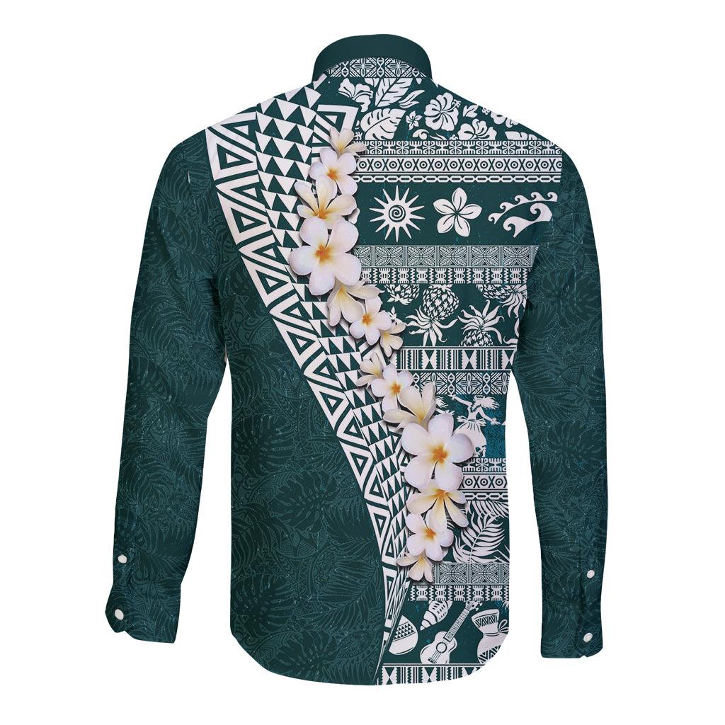Hawaii Plumeria Tribal Vintage Long Sleeve Button Shirt Special Turquoise
