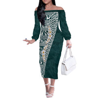 Hawaii Plumeria Tribal Vintage Off The Shoulder Long Sleeve Dress Special Turquoise LT03 Women Turquoise - Polynesian Pride