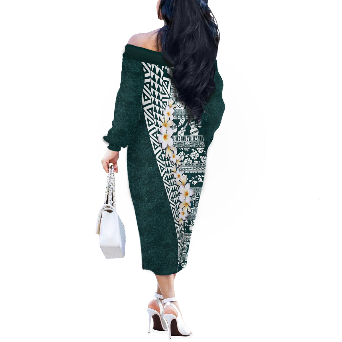 Hawaii Plumeria Tribal Vintage Off The Shoulder Long Sleeve Dress Special Turquoise LT03 - Polynesian Pride