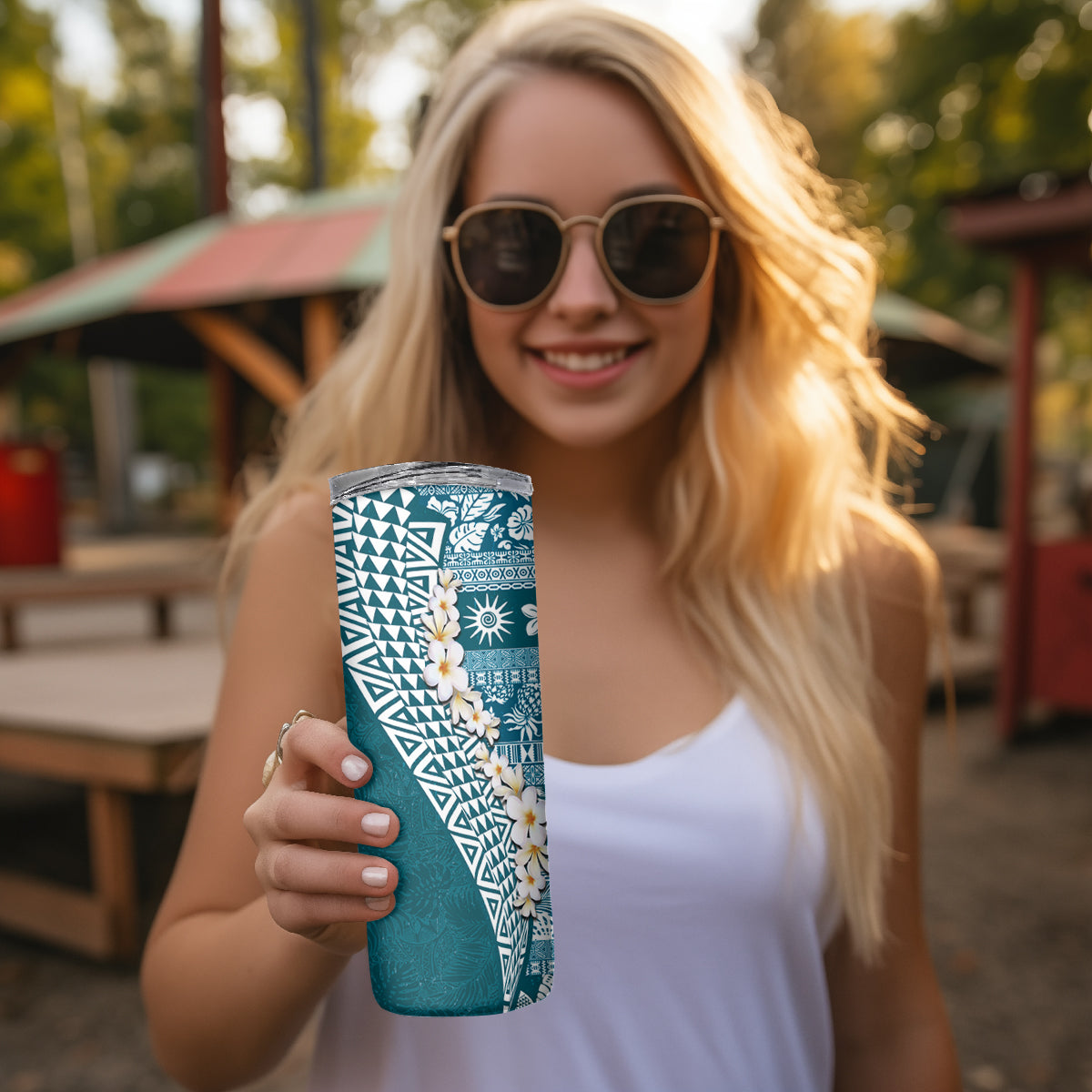 Hawaii Plumeria Tribal Vintage Skinny Tumbler Special Turquoise LT03 - Polynesian Pride