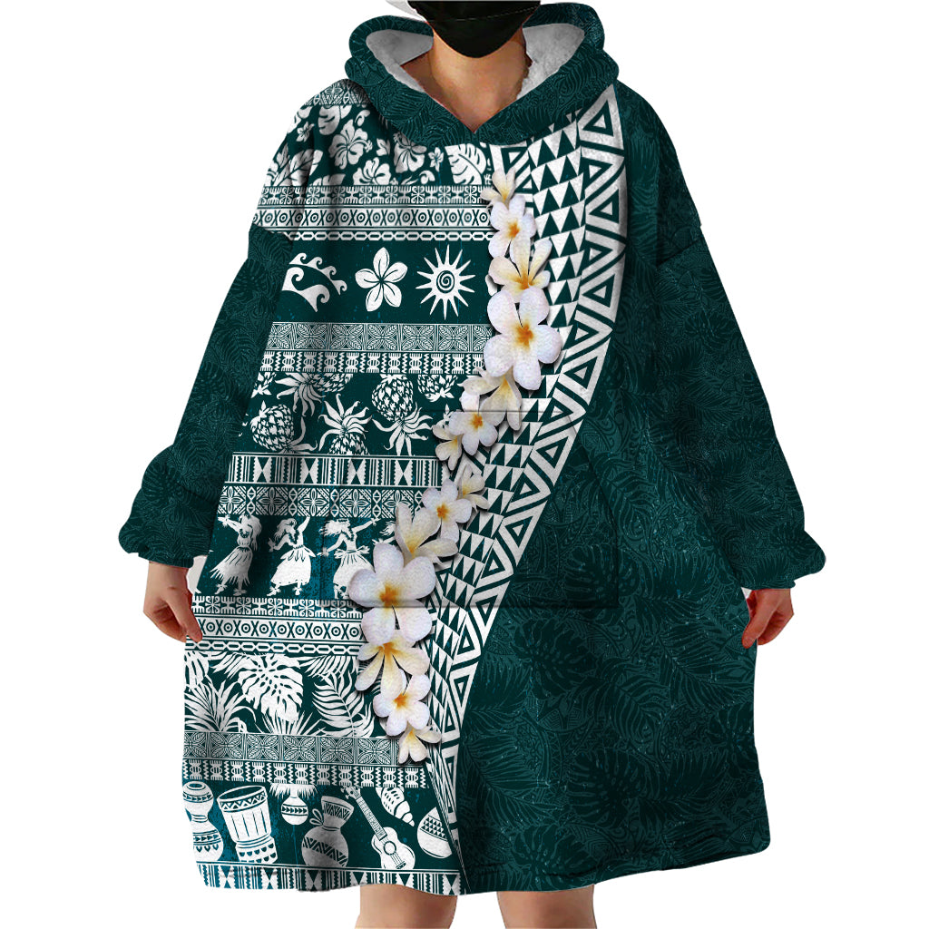 Hawaii Plumeria Tribal Vintage Wearable Blanket Hoodie Special Turquoise LT03 - Polynesian Pride