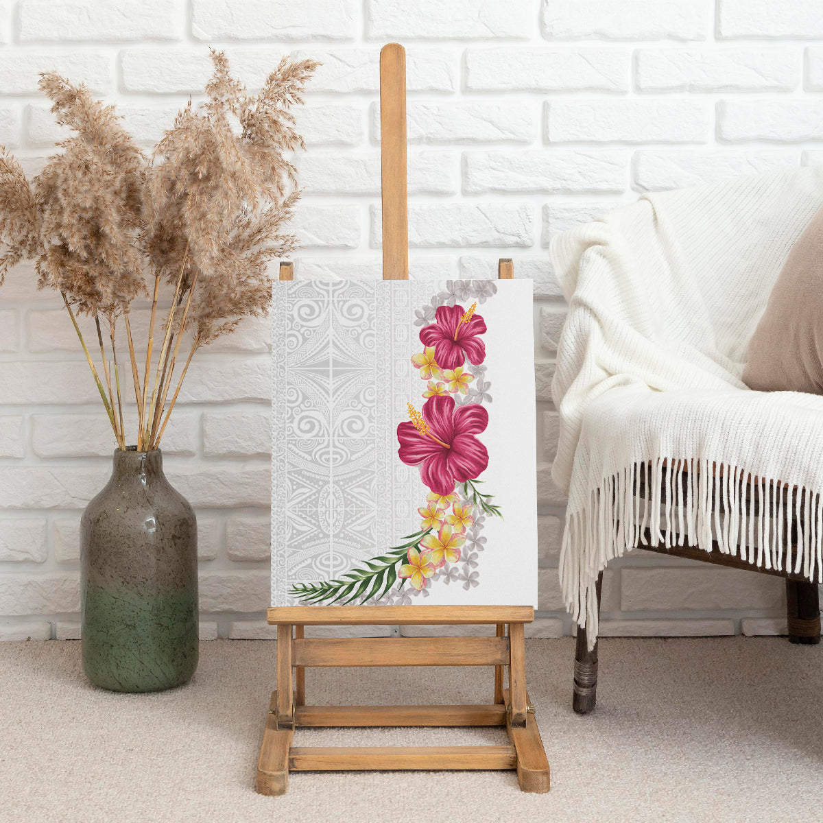 Hawaiian Plumeria and Hibiscus Canvas Wall Art White Mode