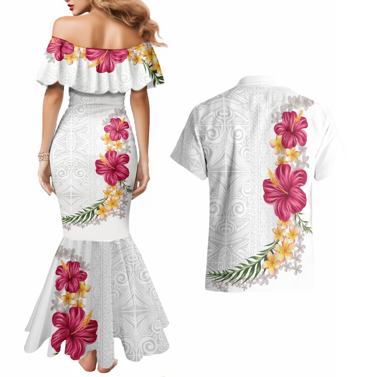 Hawaiian Plumeria and Hibiscus Couples Matching Mermaid Dress and Hawaiian Shirt White Mode LT03 - Polynesian Pride
