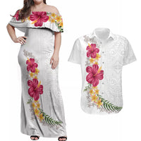 Hawaiian Plumeria and Hibiscus Couples Matching Off Shoulder Maxi Dress and Hawaiian Shirt White Mode LT03 White - Polynesian Pride