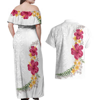 Hawaiian Plumeria and Hibiscus Couples Matching Off Shoulder Maxi Dress and Hawaiian Shirt White Mode LT03 - Polynesian Pride