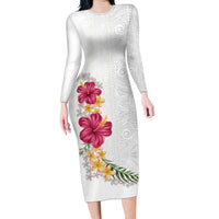 Hawaiian Plumeria and Hibiscus Family Matching Long Sleeve Bodycon Dress and Hawaiian Shirt White Mode