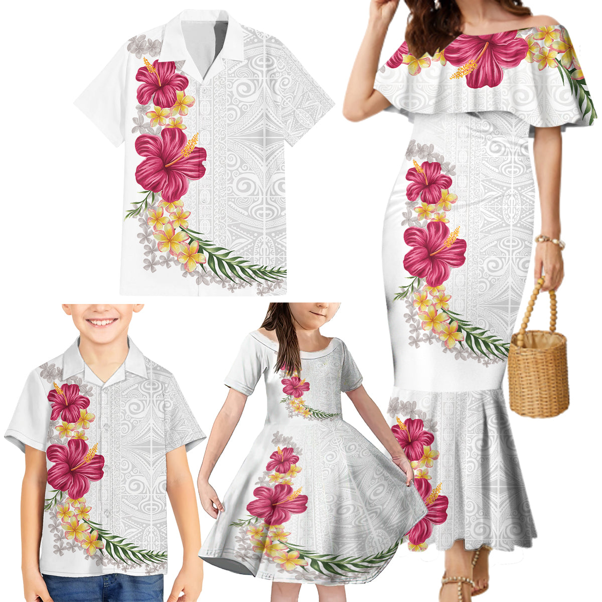 Hawaiian Plumeria and Hibiscus Family Matching Mermaid Dress and Hawaiian Shirt White Mode LT03 - Polynesian Pride
