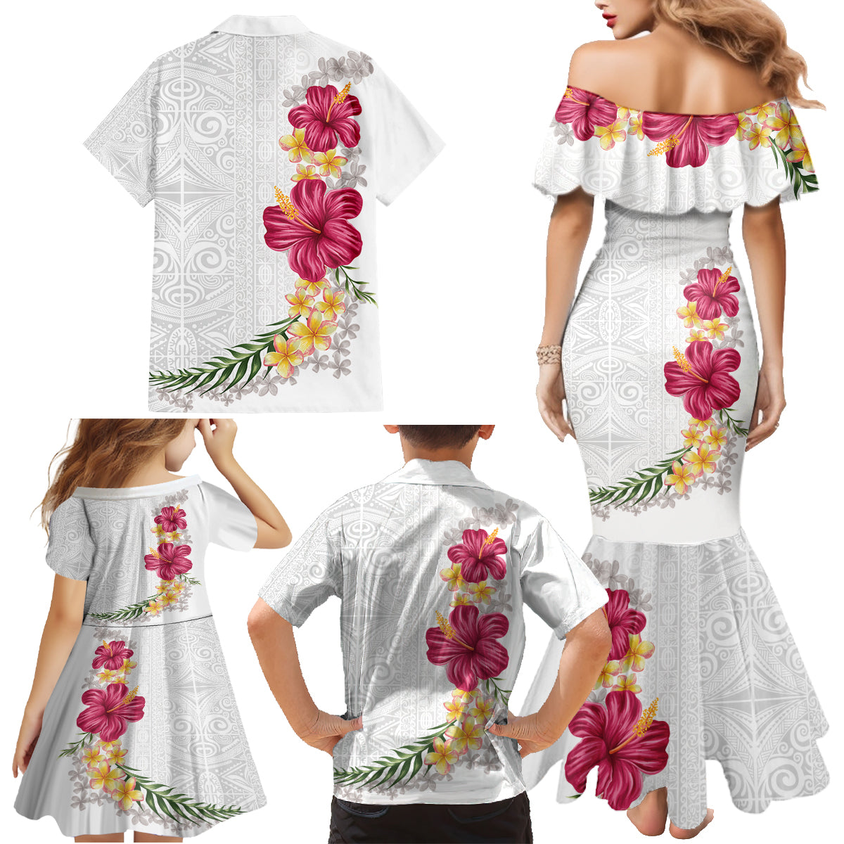 Hawaiian Plumeria and Hibiscus Family Matching Mermaid Dress and Hawaiian Shirt White Mode LT03 - Polynesian Pride