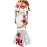 Hawaiian Plumeria and Hibiscus Family Matching Mermaid Dress and Hawaiian Shirt White Mode LT03 - Polynesian Pride