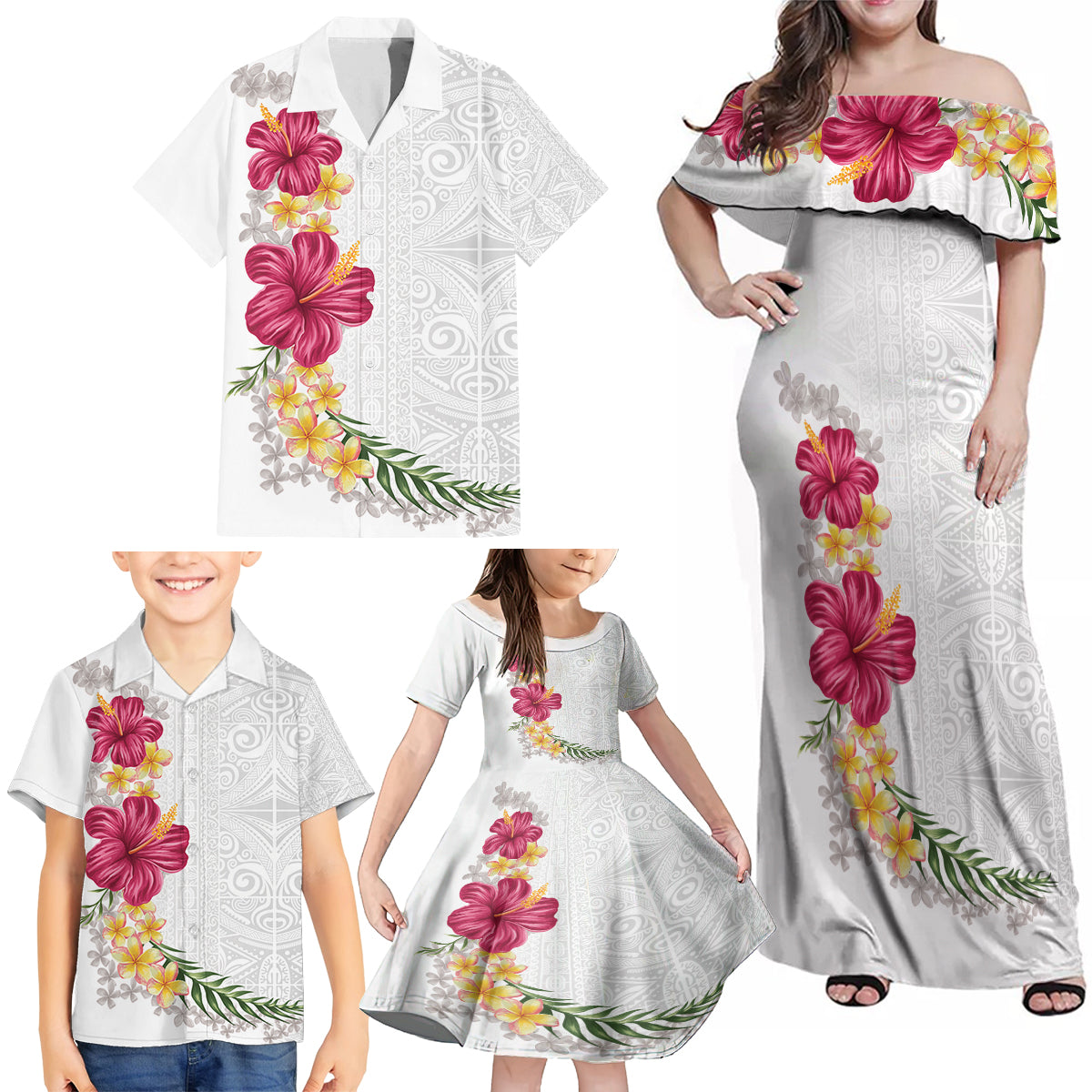 Hawaiian Plumeria and Hibiscus Family Matching Off Shoulder Maxi Dress and Hawaiian Shirt White Mode LT03 - Polynesian Pride