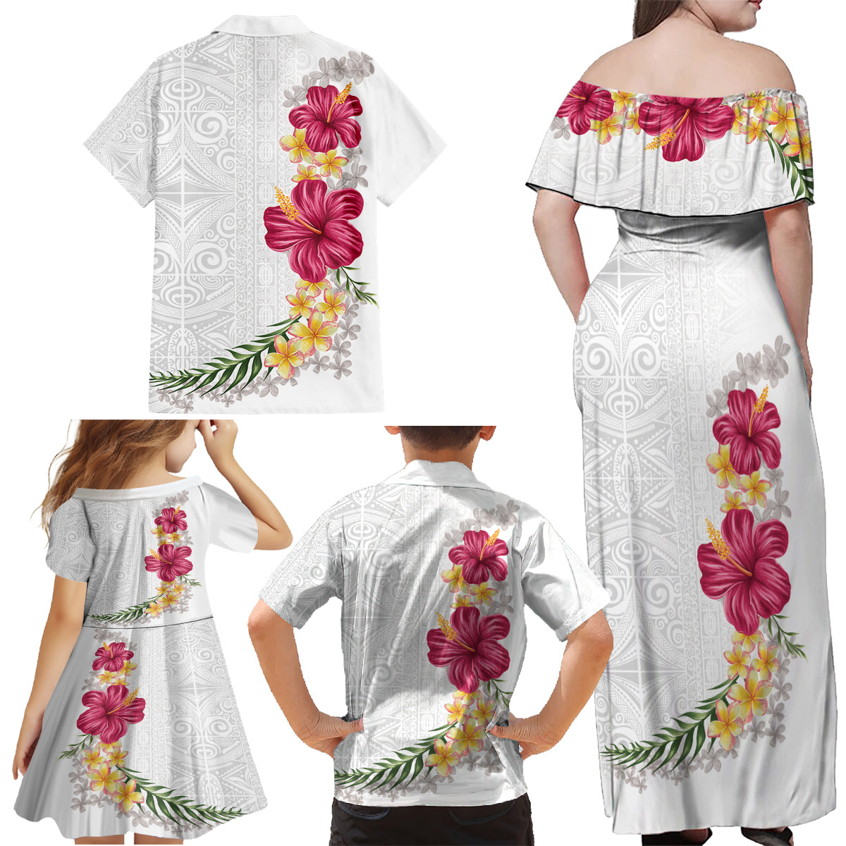 Hawaiian Plumeria and Hibiscus Family Matching Off Shoulder Maxi Dress and Hawaiian Shirt White Mode LT03 - Polynesian Pride