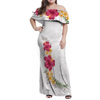 Hawaiian Plumeria and Hibiscus Family Matching Off Shoulder Maxi Dress and Hawaiian Shirt White Mode LT03 Mom's Dress White - Polynesian Pride