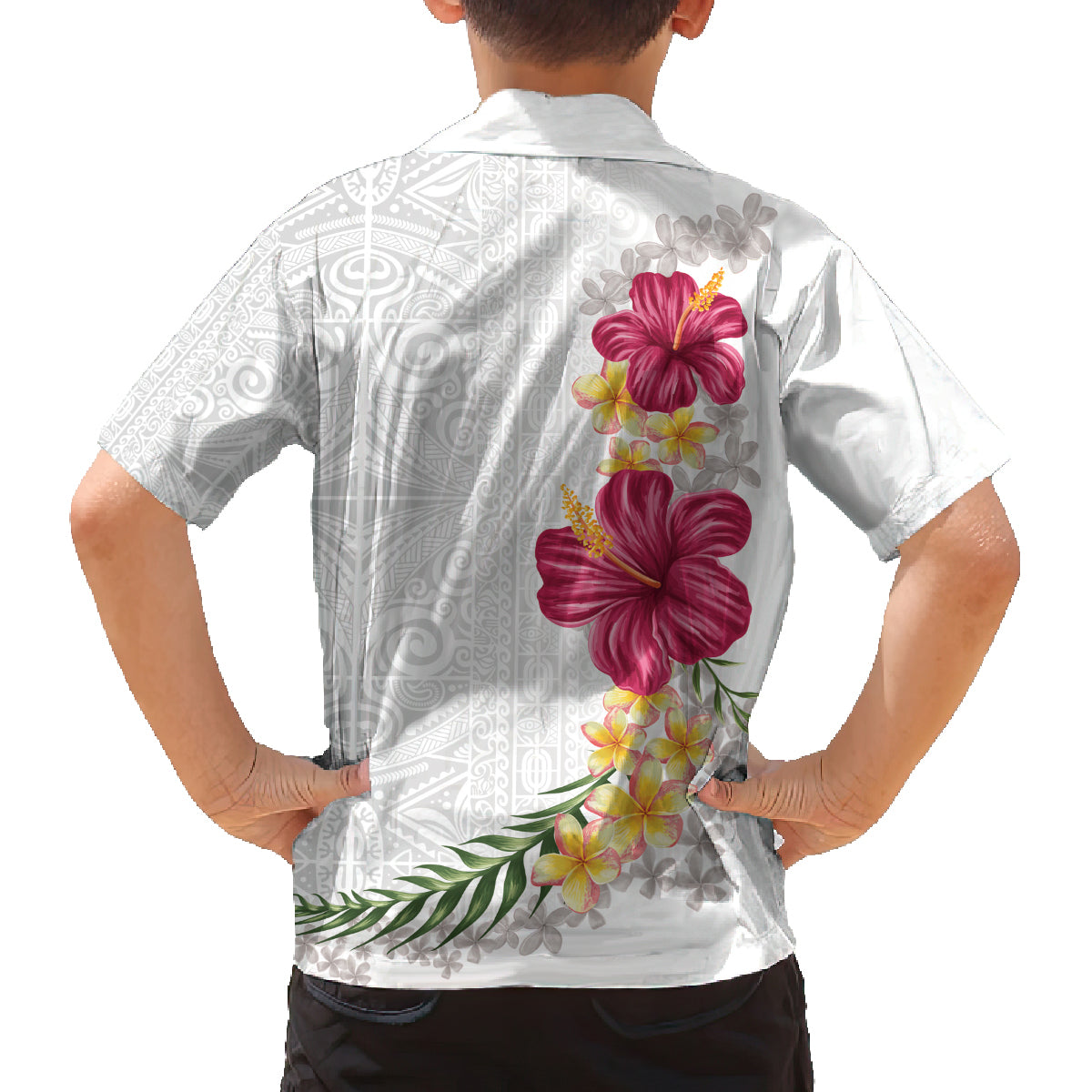 Hawaiian Plumeria and Hibiscus Family Matching Puletasi and Hawaiian Shirt White Mode LT03 - Polynesian Pride