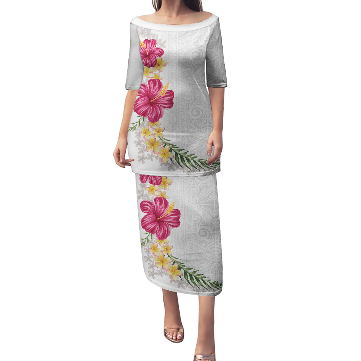 Hawaiian Plumeria and Hibiscus Family Matching Puletasi and Hawaiian Shirt White Mode LT03 Mom's Dress White - Polynesian Pride