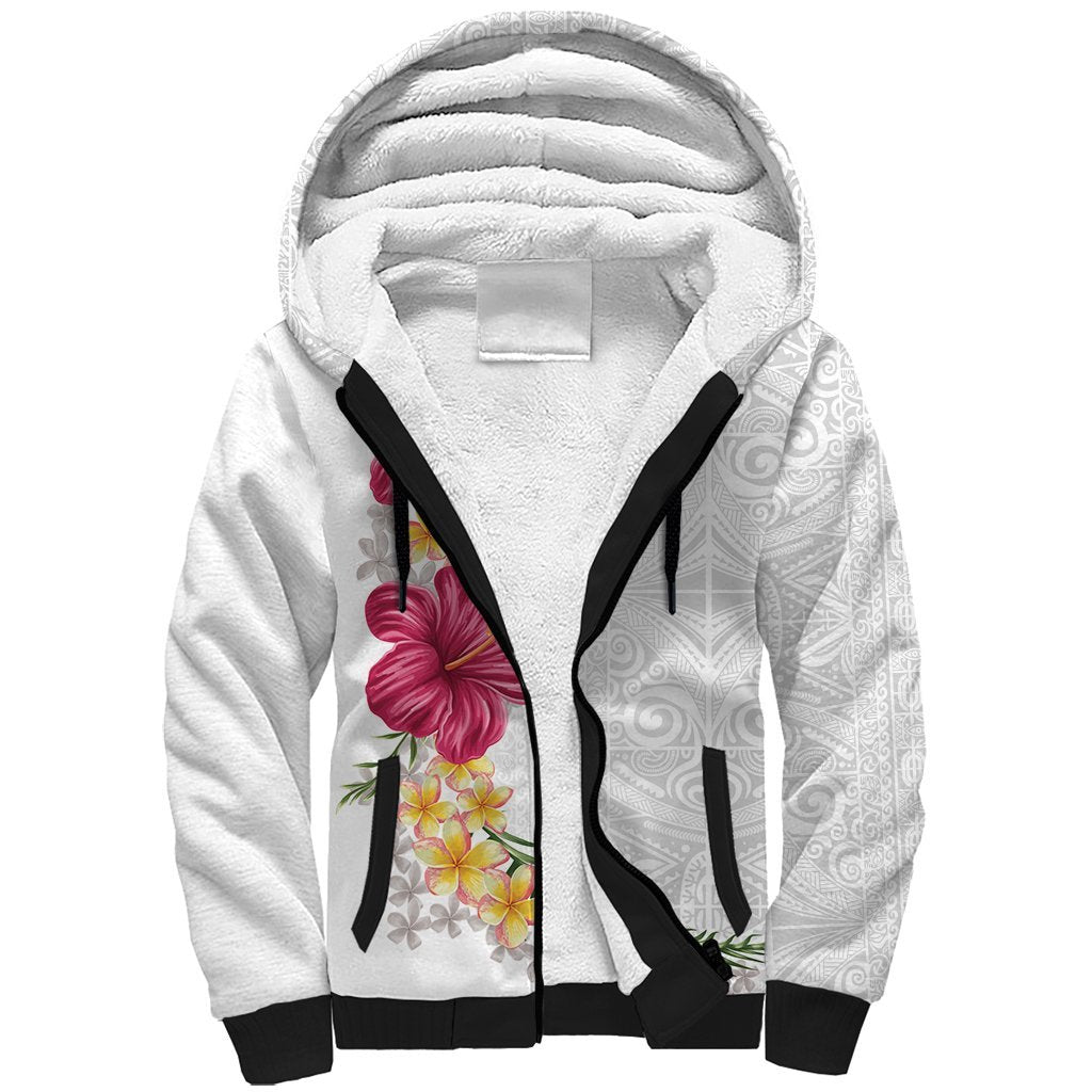 Hawaiian Plumeria and Hibiscus Sherpa Hoodie White Mode LT03 Unisex White - Polynesian Pride