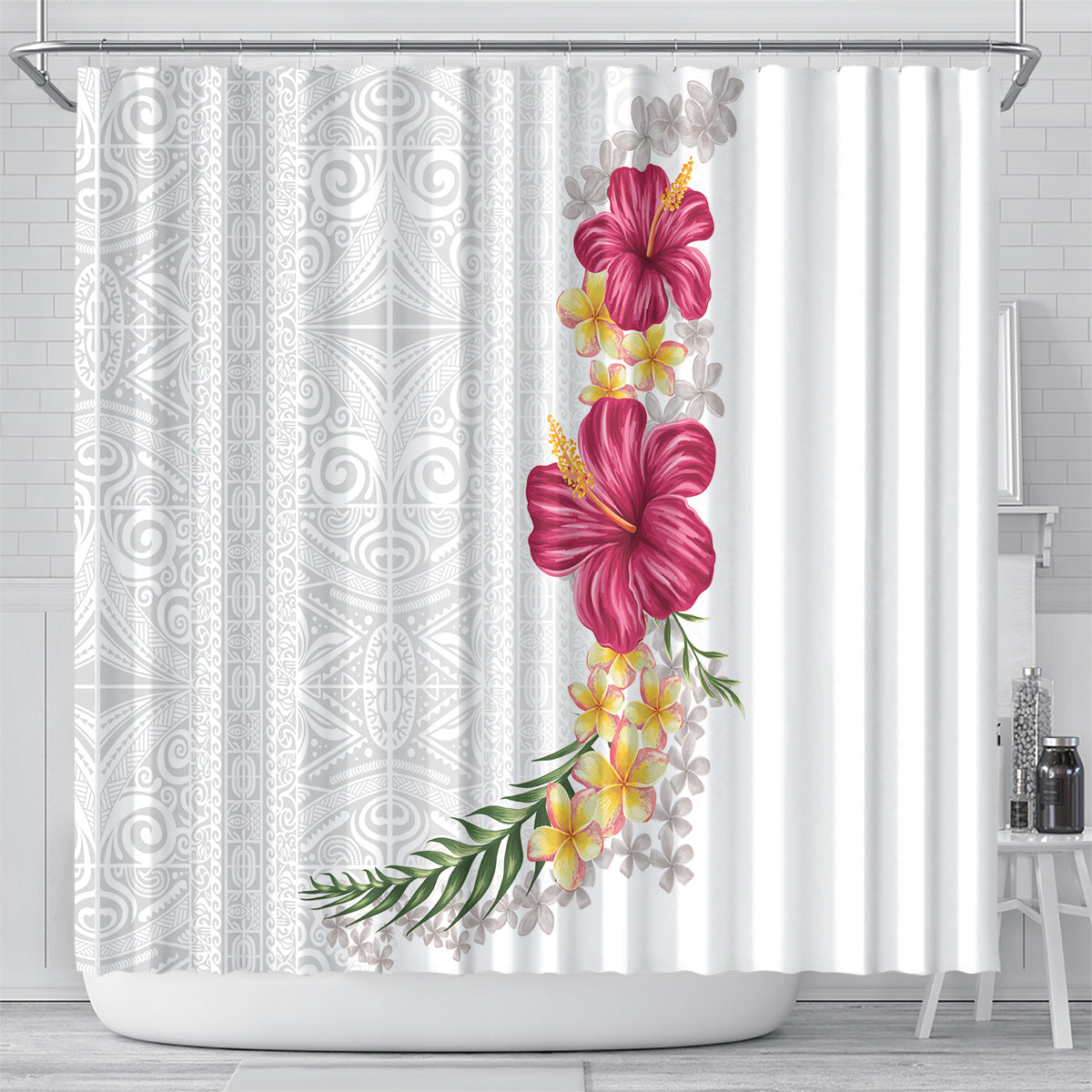 Hawaiian Plumeria and Hibiscus Shower Curtain White Mode