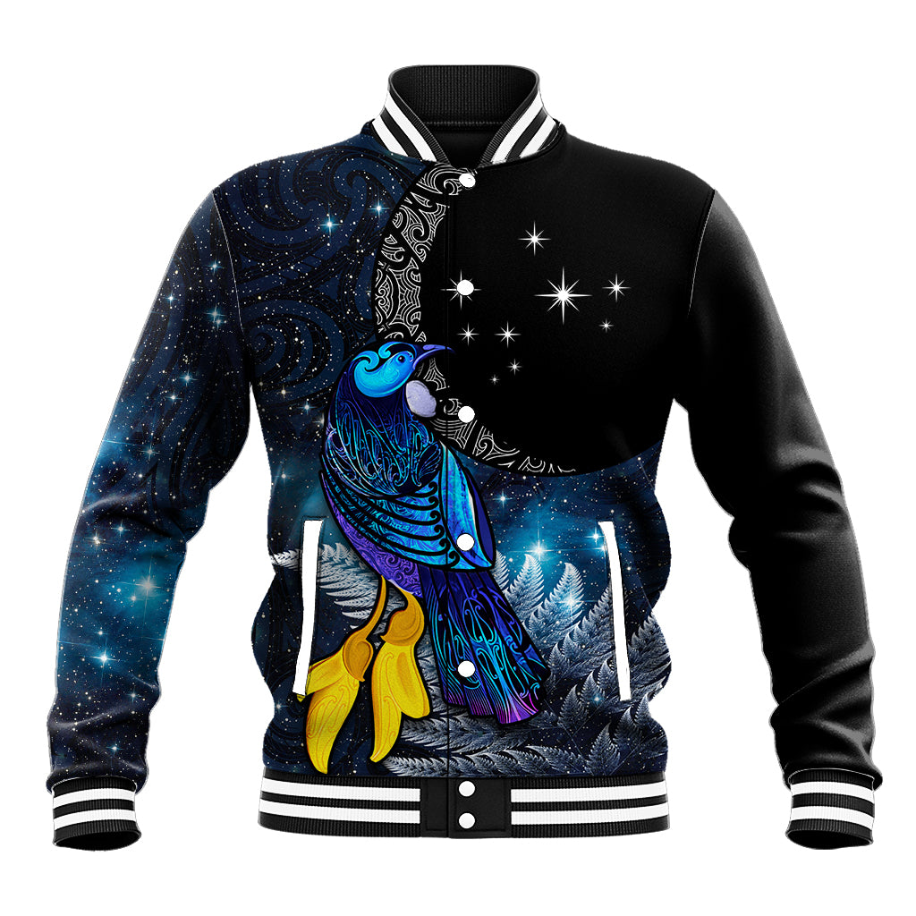 New Zealand Tui Bird Matariki Baseball Jacket Galaxy Fern With Maori Pattern LT03 Unisex Blue - Polynesian Pride