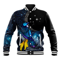 New Zealand Tui Bird Matariki Baseball Jacket Galaxy Fern With Maori Pattern LT03 Unisex Blue - Polynesian Pride