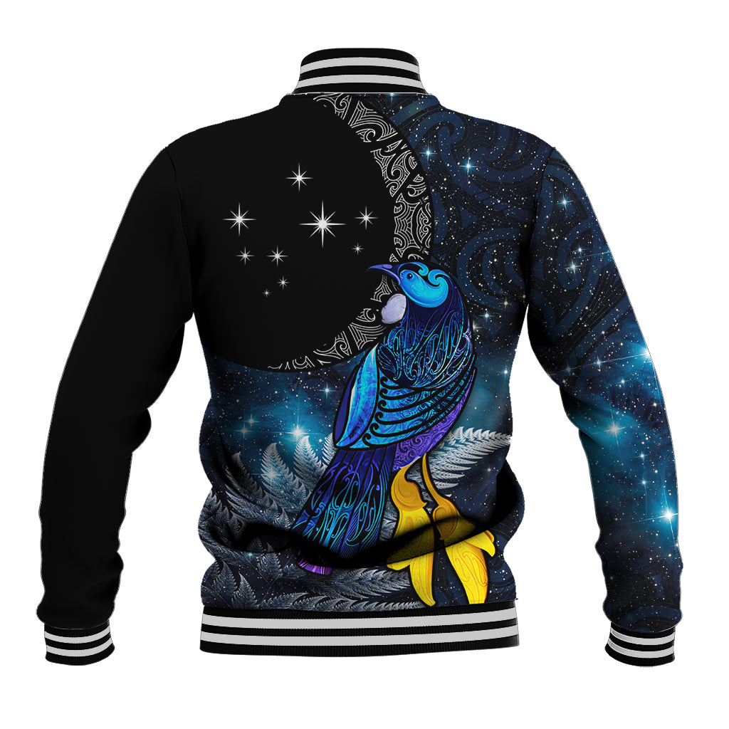 New Zealand Tui Bird Matariki Baseball Jacket Galaxy Fern With Maori Pattern LT03 - Polynesian Pride