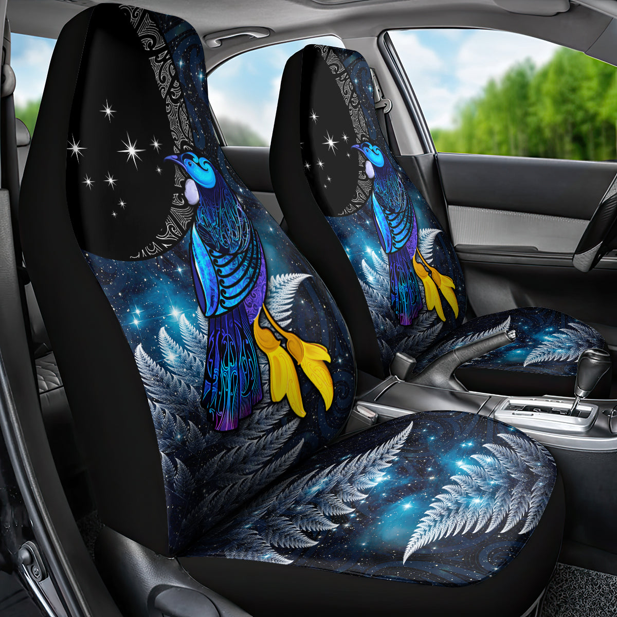 New Zealand Tui Bird Matariki Car Seat Cover Galaxy Fern With Maori Pattern LT03 - Polynesian Pride
