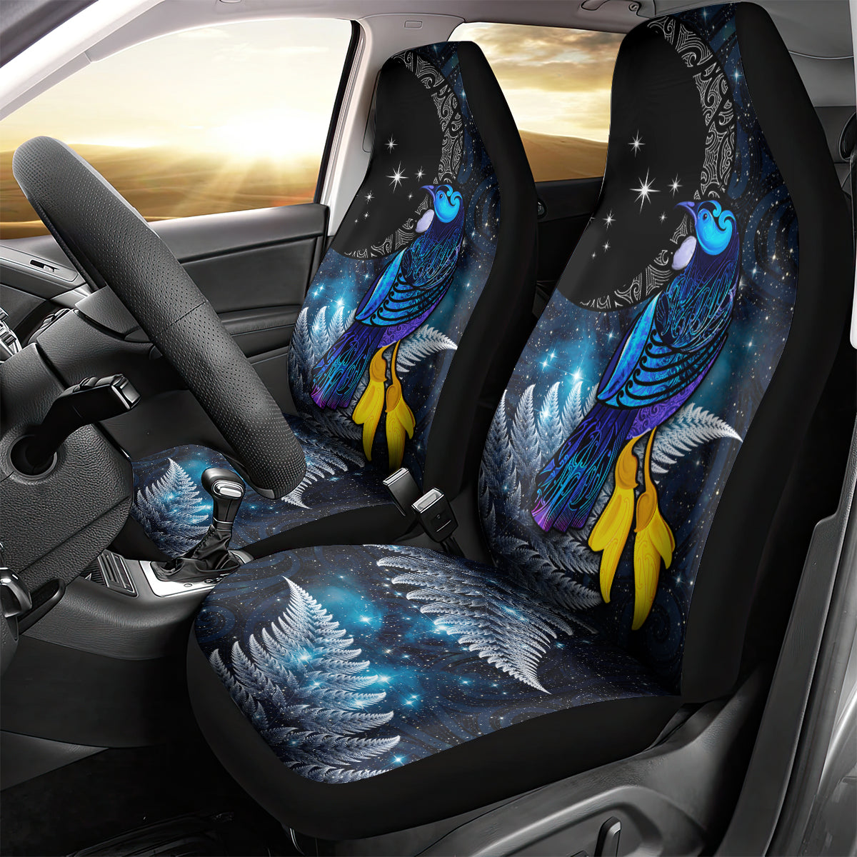 New Zealand Tui Bird Matariki Car Seat Cover Galaxy Fern With Maori Pattern LT03 - Polynesian Pride