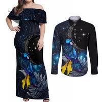 New Zealand Tui Bird Matariki Couples Matching Off Shoulder Maxi Dress and Long Sleeve Button Shirt Galaxy Fern With Maori Pattern LT03 Blue - Polynesian Pride