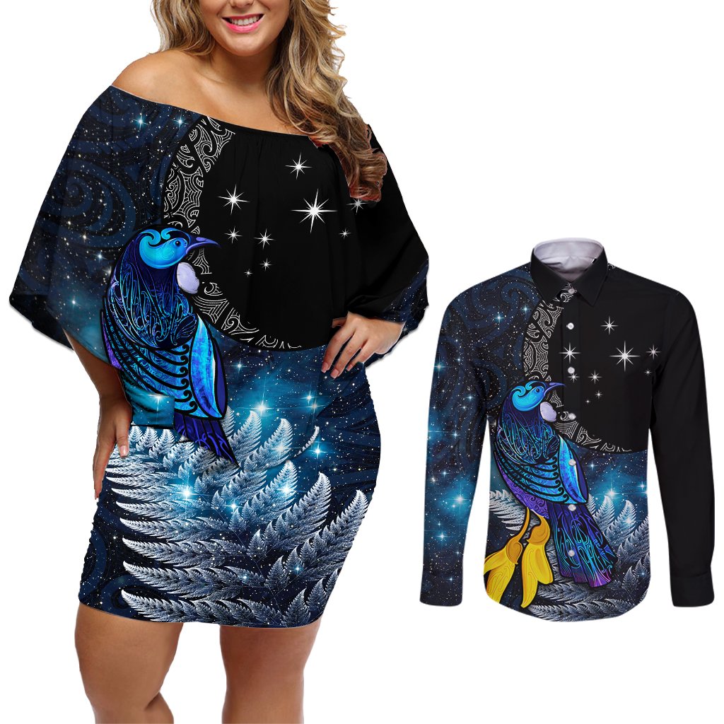 New Zealand Tui Bird Matariki Couples Matching Off Shoulder Short Dress and Long Sleeve Button Shirt Galaxy Fern With Maori Pattern LT03 Blue - Polynesian Pride