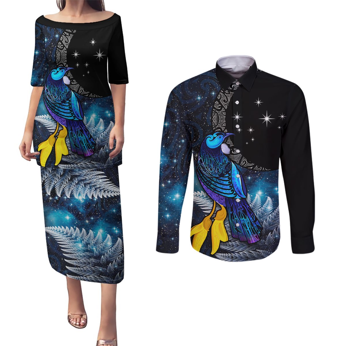 New Zealand Tui Bird Matariki Couples Matching Puletasi and Long Sleeve Button Shirt Galaxy Fern With Maori Pattern LT03 Blue - Polynesian Pride