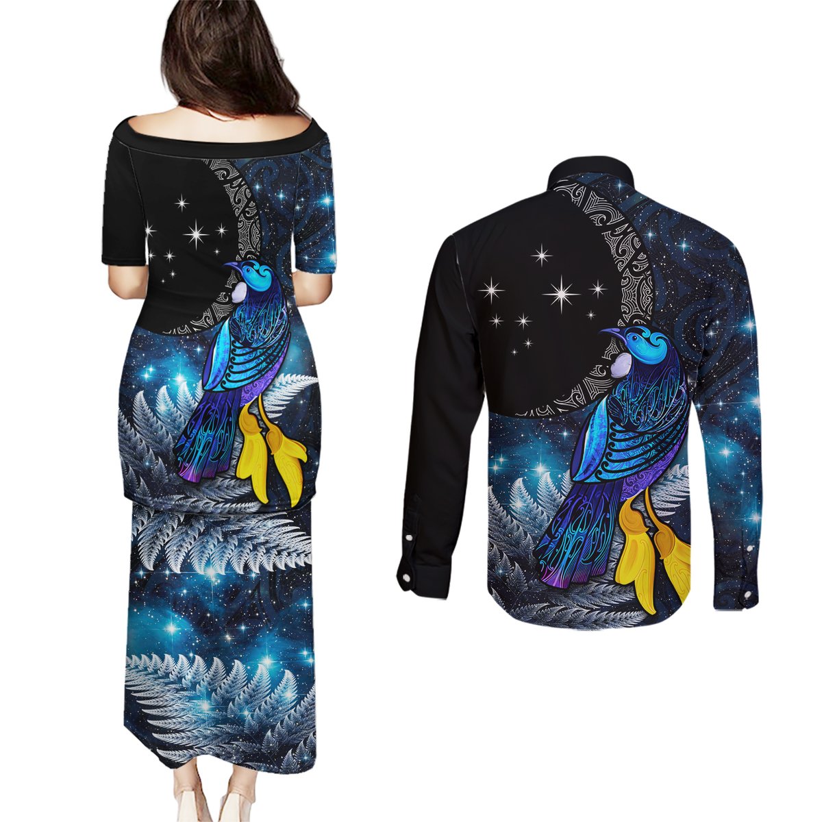 New Zealand Tui Bird Matariki Couples Matching Puletasi and Long Sleeve Button Shirt Galaxy Fern With Maori Pattern LT03 - Polynesian Pride