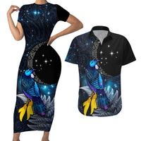 New Zealand Tui Bird Matariki Couples Matching Short Sleeve Bodycon Dress and Hawaiian Shirt Galaxy Fern With Maori Pattern LT03 Blue - Polynesian Pride