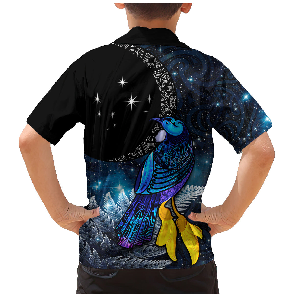 New Zealand Tui Bird Matariki Family Matching Mermaid Dress and Hawaiian Shirt Galaxy Fern With Maori Pattern LT03 - Polynesian Pride