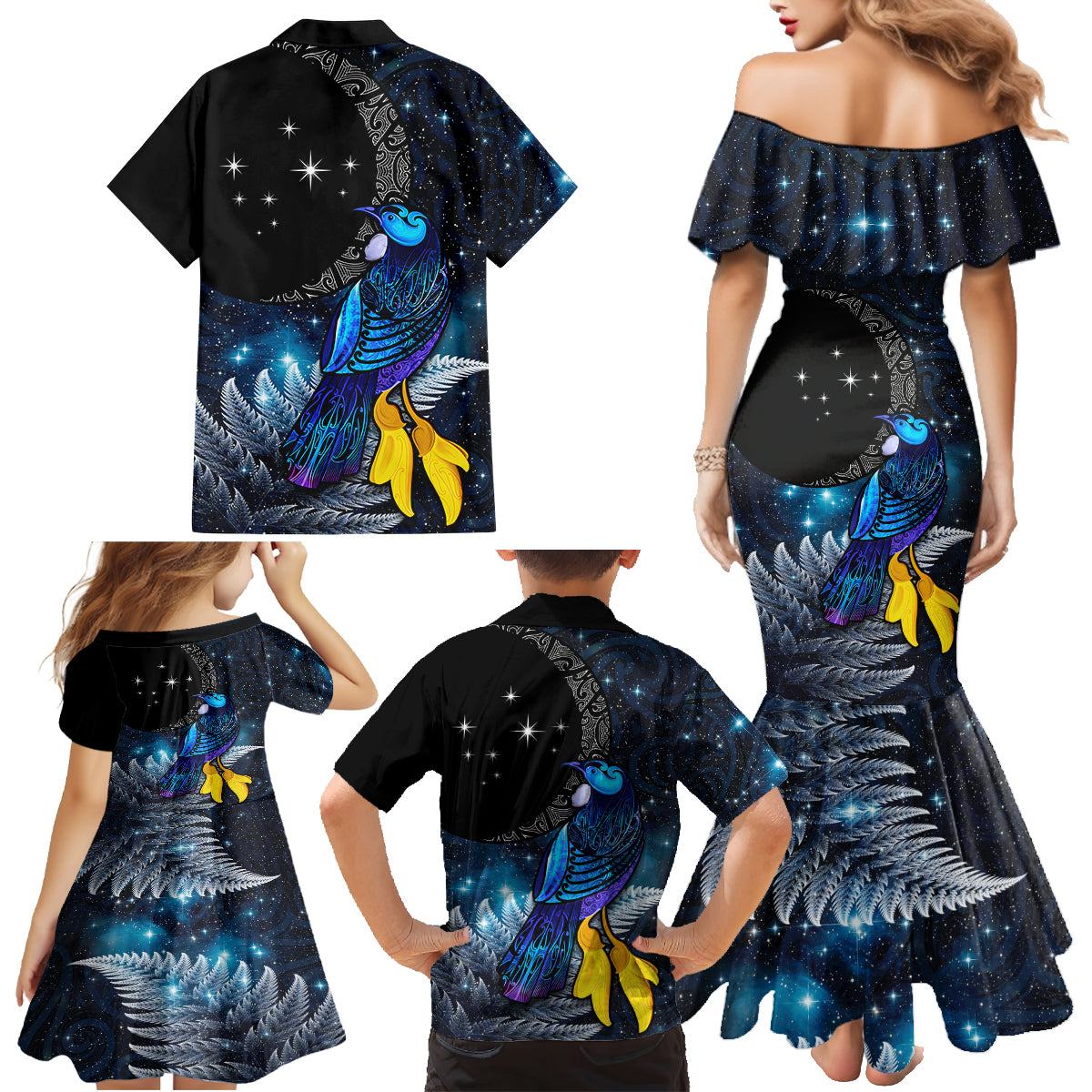 New Zealand Tui Bird Matariki Family Matching Mermaid Dress and Hawaiian Shirt Galaxy Fern With Maori Pattern LT03 - Polynesian Pride