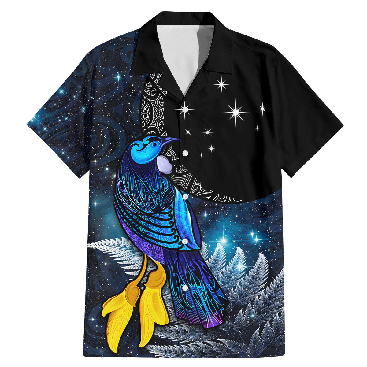 New Zealand Tui Bird Matariki Family Matching Mermaid Dress and Hawaiian Shirt Galaxy Fern With Maori Pattern LT03 Dad's Shirt - Short Sleeve Blue - Polynesian Pride