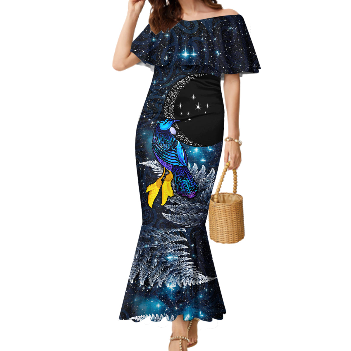New Zealand Tui Bird Matariki Family Matching Mermaid Dress and Hawaiian Shirt Galaxy Fern With Maori Pattern LT03 Mom's Dress Blue - Polynesian Pride