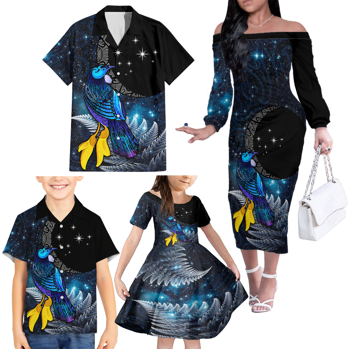New Zealand Tui Bird Matariki Family Matching Off The Shoulder Long Sleeve Dress and Hawaiian Shirt Galaxy Fern With Maori Pattern LT03 - Polynesian Pride