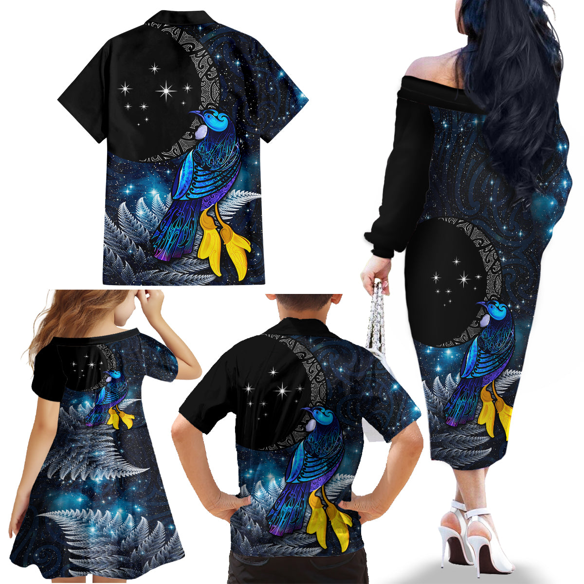 New Zealand Tui Bird Matariki Family Matching Off The Shoulder Long Sleeve Dress and Hawaiian Shirt Galaxy Fern With Maori Pattern LT03 - Polynesian Pride