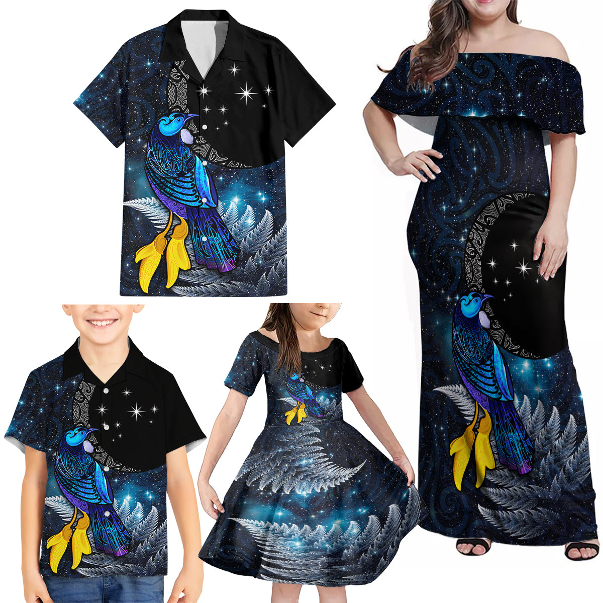 New Zealand Tui Bird Matariki Family Matching Off Shoulder Maxi Dress and Hawaiian Shirt Galaxy Fern With Maori Pattern LT03 - Polynesian Pride